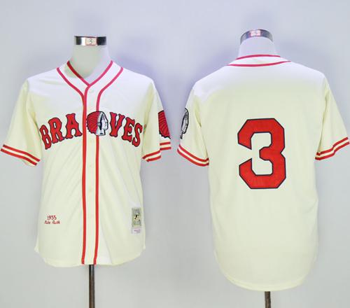 Mitchell and Ness Braves #3 Babe Ruth Stitched Cream Throwback MLB Jersey - Click Image to Close